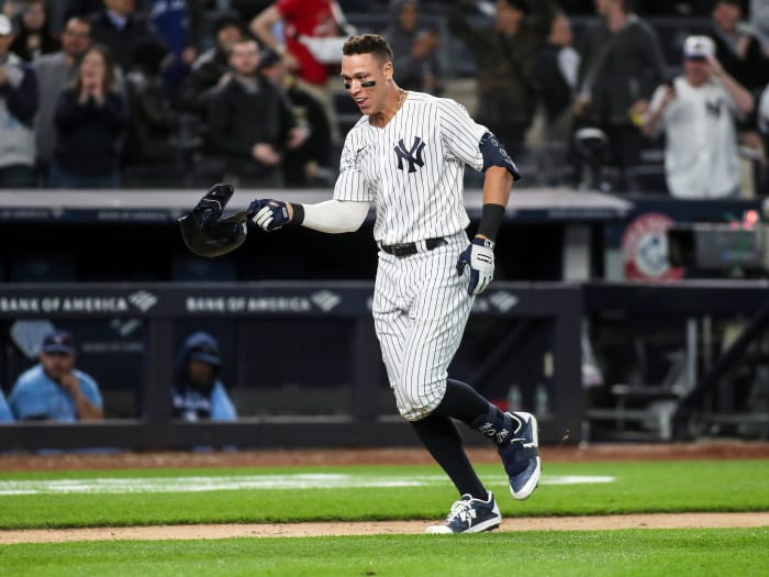 May 10, 2022; Bronx, New York, USA; New York Yankees center fielder Aaron Judge (99) rounds the bases after hitting a walk-off three-run home run to defeat the Toronto Blue Jays 6-5 at Yankee Stadium.